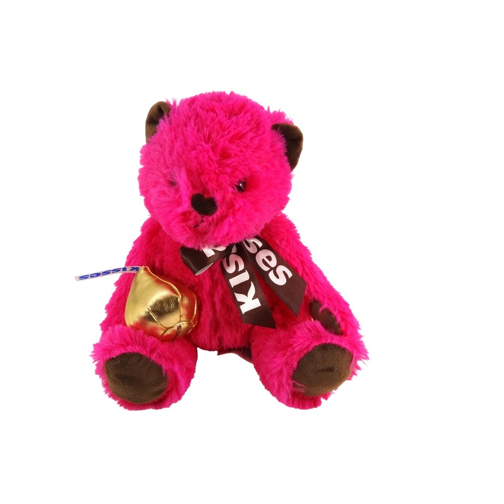 Hershey's‎ Kisses Hot Pink Shaggy Plush Teddy Bear Gold Kiss Valentine